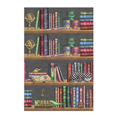 Library-Themed Multi-Colored Woven Base Digital Print Rug