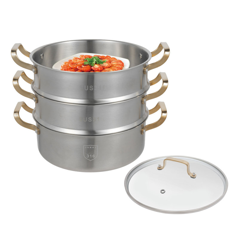 3-Tier Stainless Steel Steamer Pot with Glass Lid Large Capacity Multi-Layer Steamer Set for Gas and Induction Cooktops