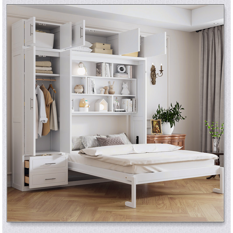 Wall Murphy Bed With Top Cabinet,Shelves  And  Wardrobe, Space Saving Foldable Bed, White