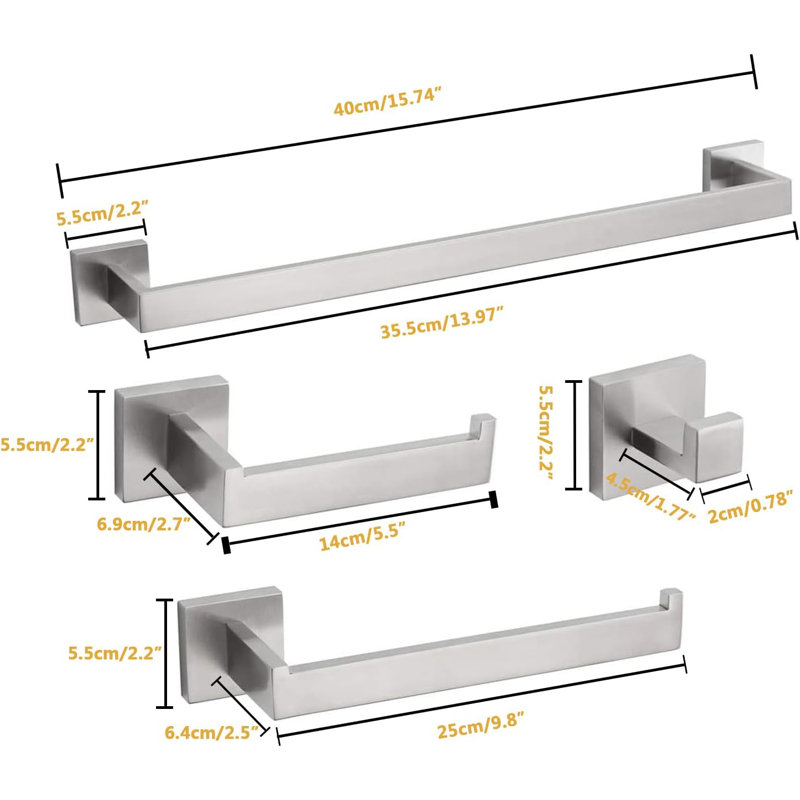 4-Piece Modern Square Stainless Steel Bathroom Hardware Set With Towel Bar, Rack, Holder, And Toilet Paper Holder (16-Inch)