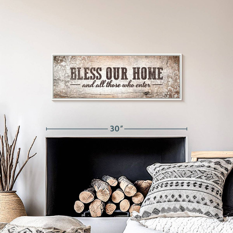 Plaque murale «Bless Our Home», Cadre flottant blanc, 28 po x 10 po