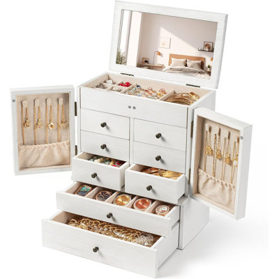 Boîte à bijoux pour femme en bois, grande boîte à bijoux rustique à 6 couches avec miroir et 8 tiroirs, blanc
