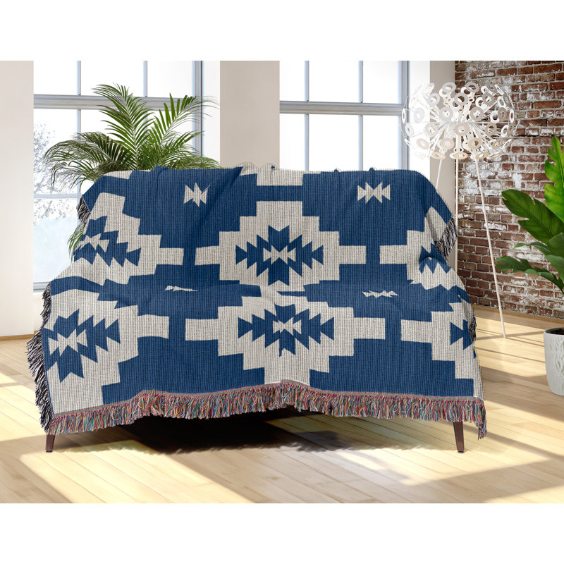 Jeté en mélange de coton Hinto South Western, Bleu / blanc cassé, L 60 po x l 50 po