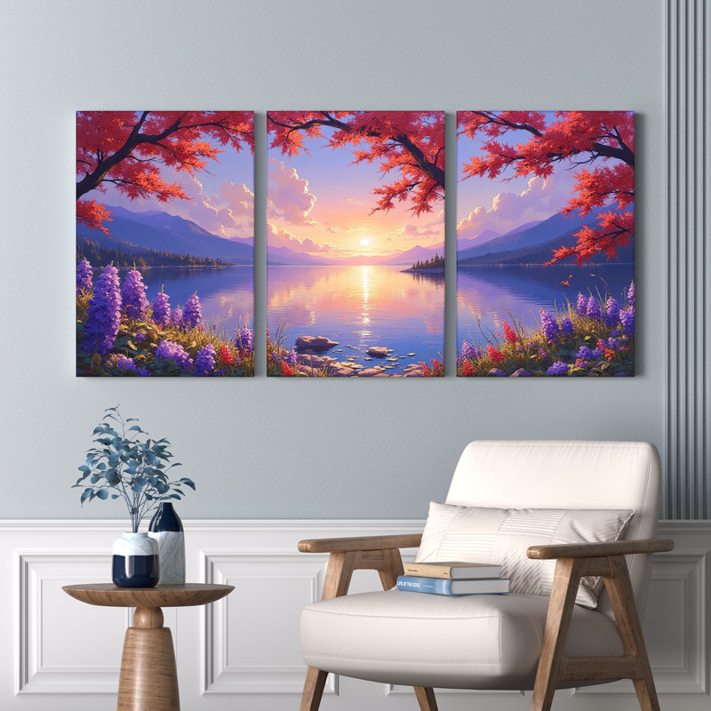 Tableau sur toile tendue représentant un coucher de soleil d'automne sur un lac avec des fleurs violettes et des arbres rouges (lot de 3)