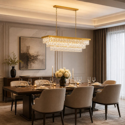 Lustre 12 lumières en laiton avec cristaux transparents