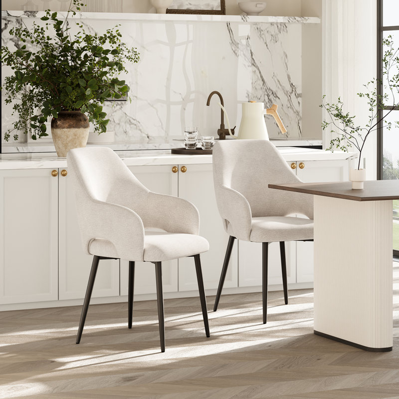 Modern Fabric Upholstered Dining ArmChair with Metal Legs, Ergonomic Back, Beige