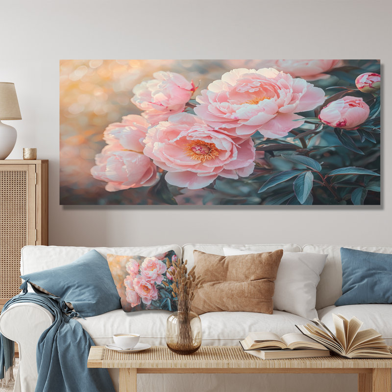 Pivoines par les fermes brise-vent - pivoines, impression sur métal, H 28 po x l 60 po