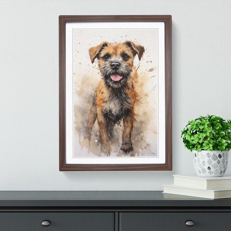 Border Terrier Action Painting - Single Picture Frame Print on Wood, Walnut Framed, 46cm H x 34cm W x 2cm D