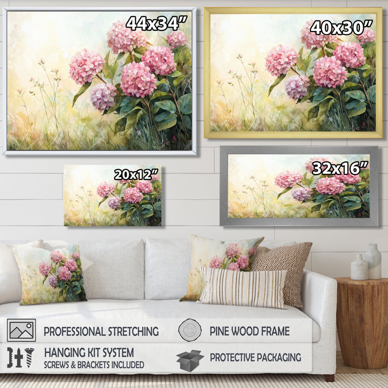 Hortensias dans un pré d'été II - Hortensia décoration murale, Reproduction encadrée d'une seule photo, Argent argent