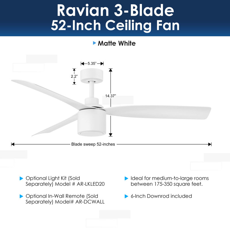 RAVIAN 52 inch 3-Blade Ceiling Fan With Remote (No Light), Matte White