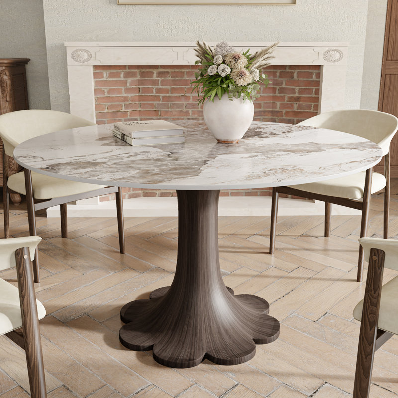 Breakfast Corner Nook Floral Shape Stone Dark Walnut Tone Dining Table Bistro Table For 2-4, Warm Sand
