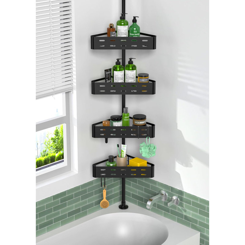 Poteau de tension réglable pour chariot de douche - Organisateur de douche d'angle du sol au plafond avec tablettes rotatives, rangement de salle de bain imperméable pour serviettes et articles de toilette
