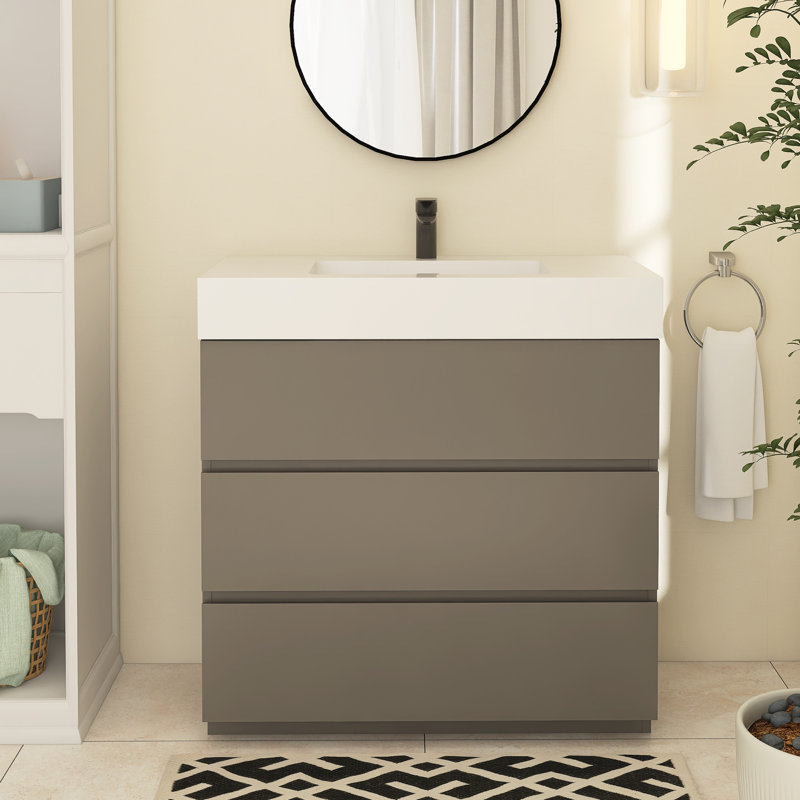 Meuble-lavabo simple Reniel, Gris, Blanc, 36"