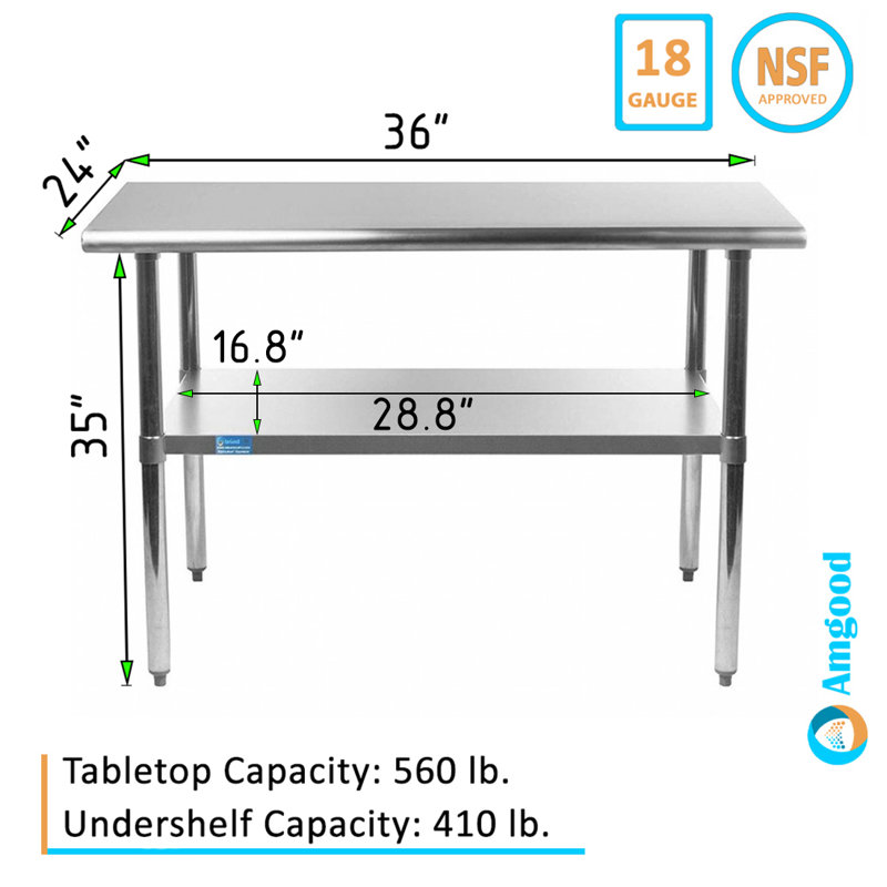 Table de préparation en acier inoxydable. Table de travail en métal de calibre 18 avec tablette inférieure. NSF