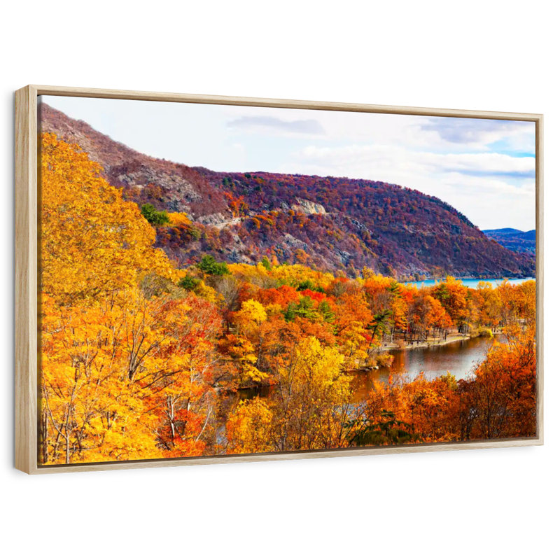 Paysage d'automne avec ours, Cadre flottant en bois naturel, 46 po x 31 po