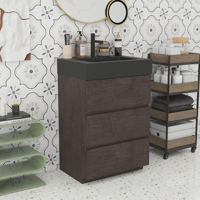 Modern Bathroom Large Storage Vanity, Walnut, Black