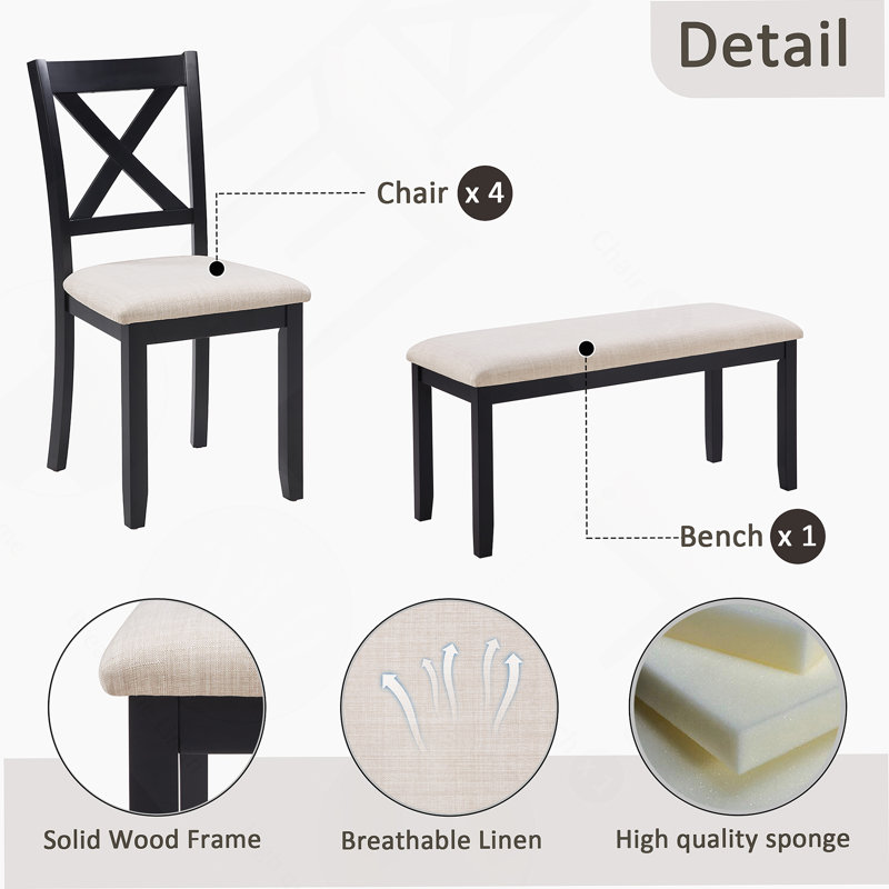 Ensemble de table de salle à manger 6 pièces, table en bois avec banc et 4 chaises