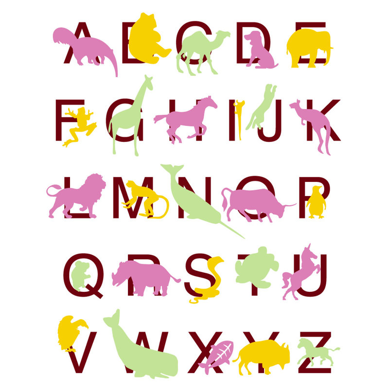 Décalcomanie murale alphabet animal, Pink/Yellow/Green, H 56 po x l 45 po x P 0,01 po