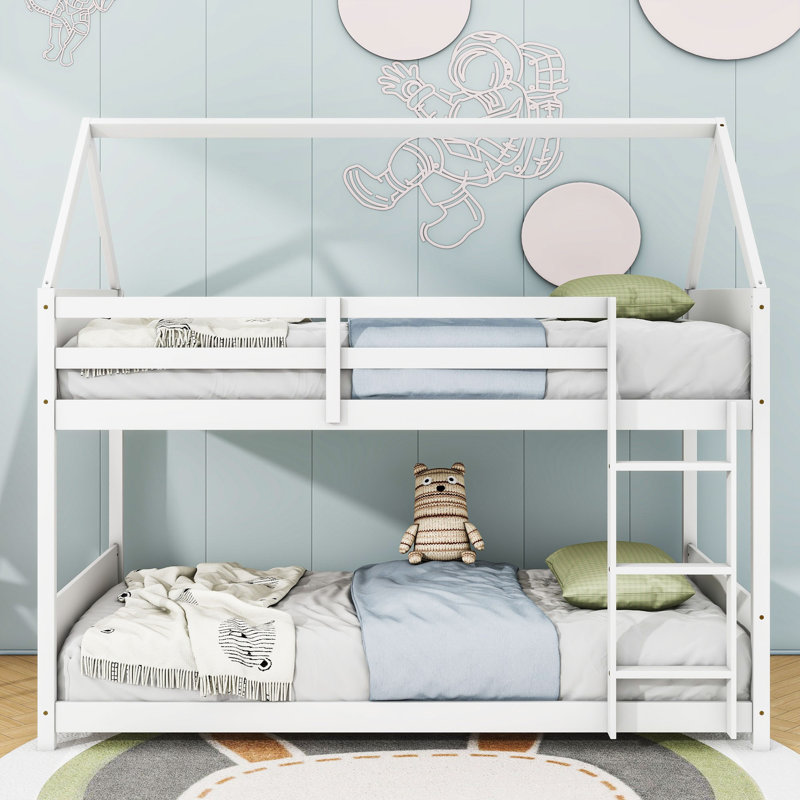 Assal Twin Over Twin Wooden House-Shaped Bunk Bed With Roof, White