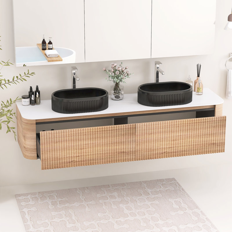 Meuble-lavabo mural 72 pouces avec double vasque en céramique, deux tiroirs et porte-serviettes, Honey Oak