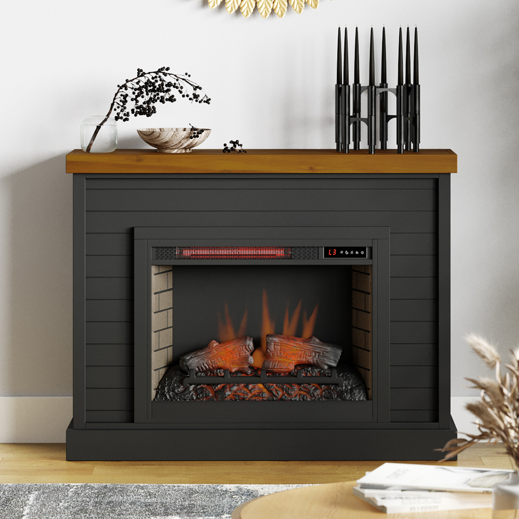 Rimma 48 inch Electric Fireplace, Black/Whiskey