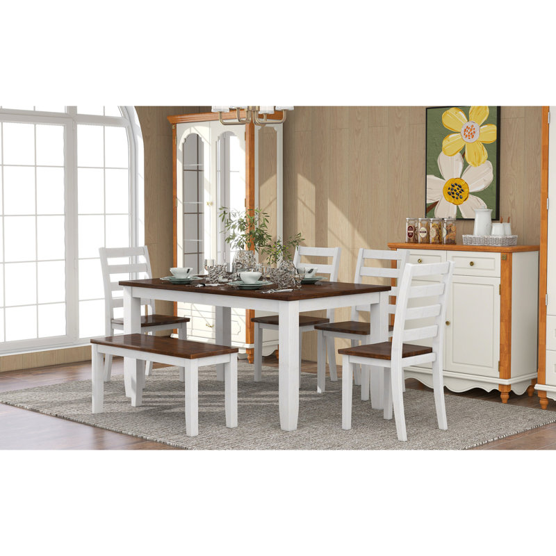 6 salles à manger de style rustique, finition noyer, conception ergonomique, siège de l 16,2 po, plateau de table en placage de bois massif + blanc chalet, chaises et banc