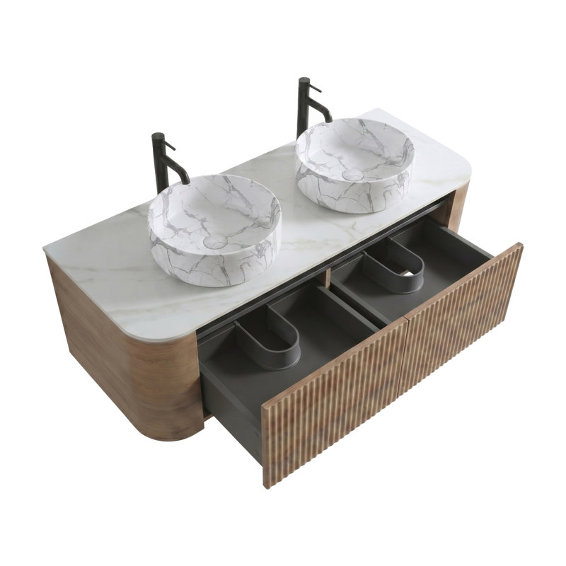 Meuble-lavabo de 60 po avec lavabo Erba, support mural en chêne blanc avec porte-serviettes gratuit, conception de deux lavabos en céramique de Carrare blanc, sans drain et robinet, pré-assemblé