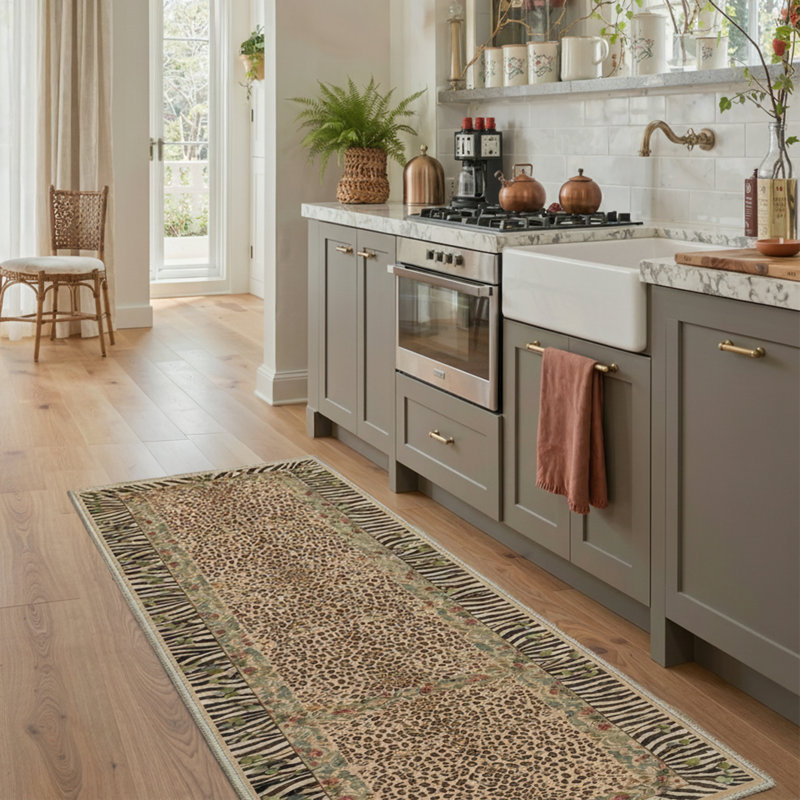 Alissa Liora Boho Leopard Floral Machine Washable Brown / Green / Beige Indoor Area Rug with Non-Slip Backing, Runner 2' x 6'