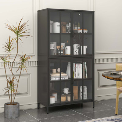 Premium Metal Storage Cabinet with Tempered Glass Doors, Adjustable Shelves, Anti-Tipping Device, Magnetic Silent Closure, and Adjustable Feet