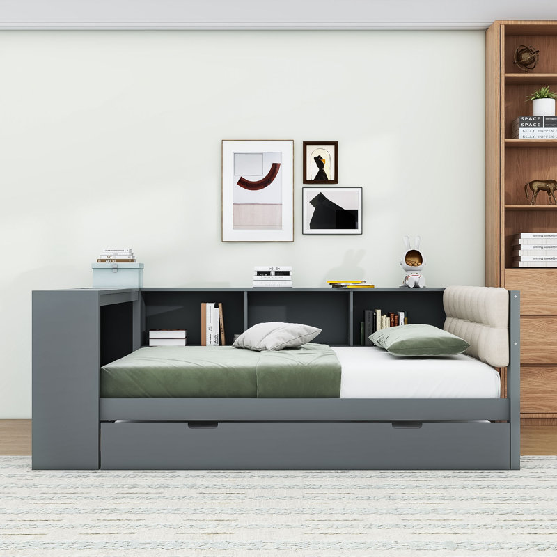 Wood Daybed with Storage Shelves, Trundle and Charging Station, Gray, Full