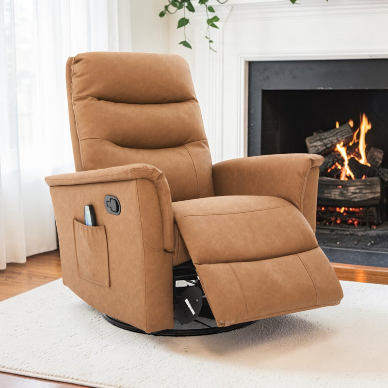 Swivel Rocker Recliner With Massage Function, Upholstered Nursery Recliner Chair With Side Pocket, Brown Faux Leather