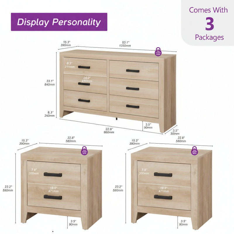 Ensemble de commode et table de chevet 3 pièces pour chambre à coucher, Beige