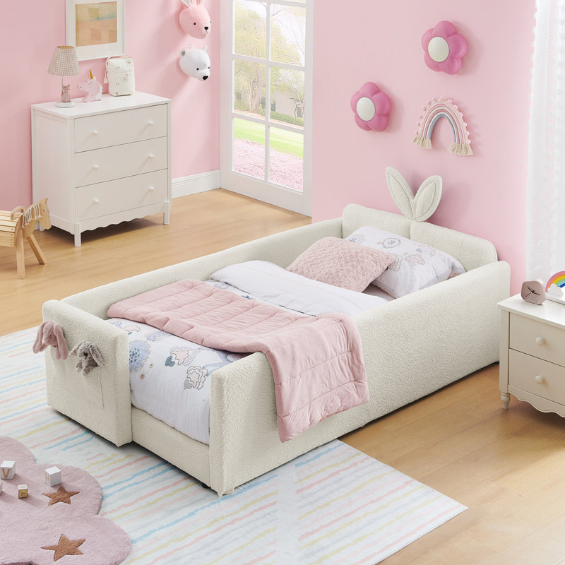 Boucle Upholstered Platform Bed with Cute Rabbit Ear Shaped Headboard, Beige
