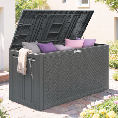 90GAL Outdoor Resin Deck Box Maze Pattern, Patio Toy Storage Furniture For Garden, MAX 485LBS Weight Storag Bench Table For Porch