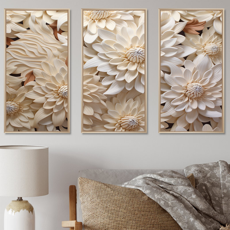 Minimalisme Chrysanthemums - Collage floral blanc I - ensemble de décorations murales, H 28 po x l 36 po x P 1 po