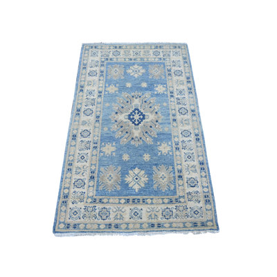 Tapis oriental de style Kazak 3 pi x 4 pi 9 po avec motif médaillon tribal, bleu noué à la main, 100% laine, teintures naturelles, tapis oriental