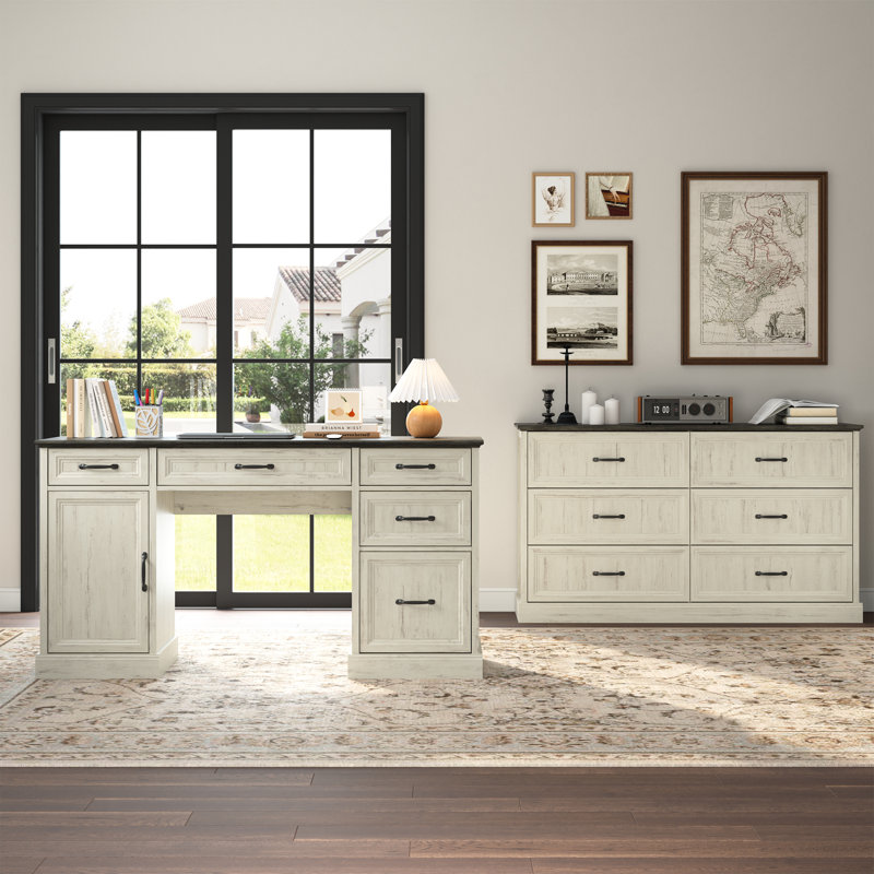 Ensemble de bureau d'ordinateur 2 pièces, bureau d'écriture et commode 6 tiroirs Hailiey, Gris / Blanc
