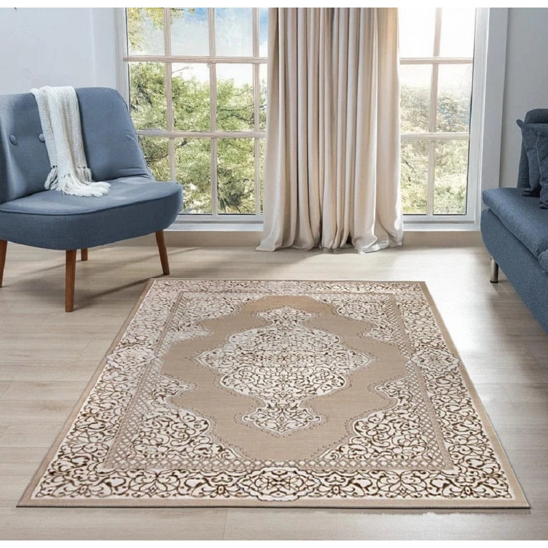 Abstract Indoor / Outdoor Area Rug, Beige, Round 120 cm