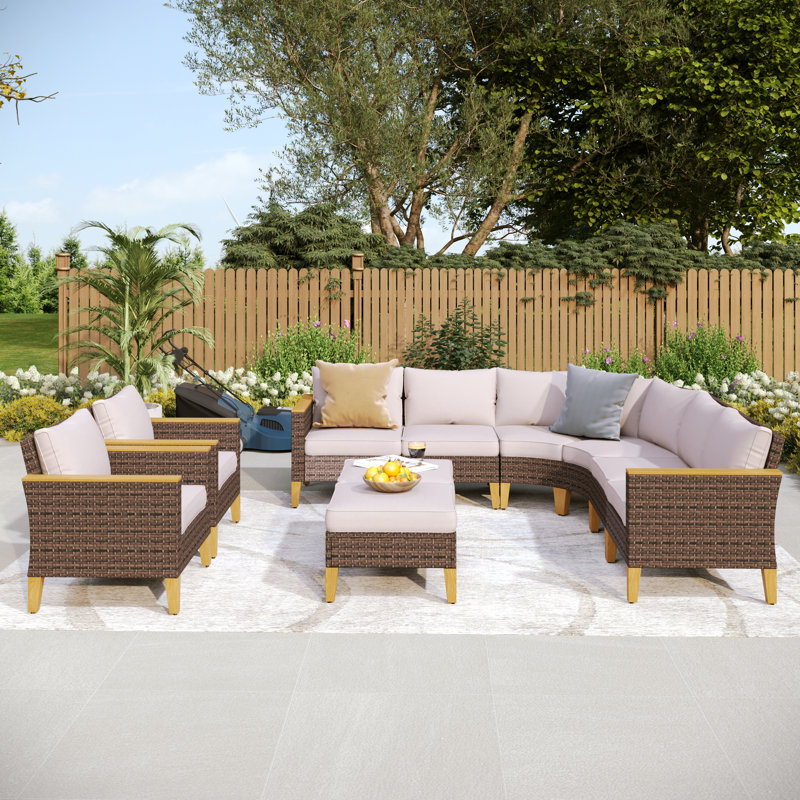 All Weather Wicker/Rattan 10 - Person Seating Group with Cushions, Beige