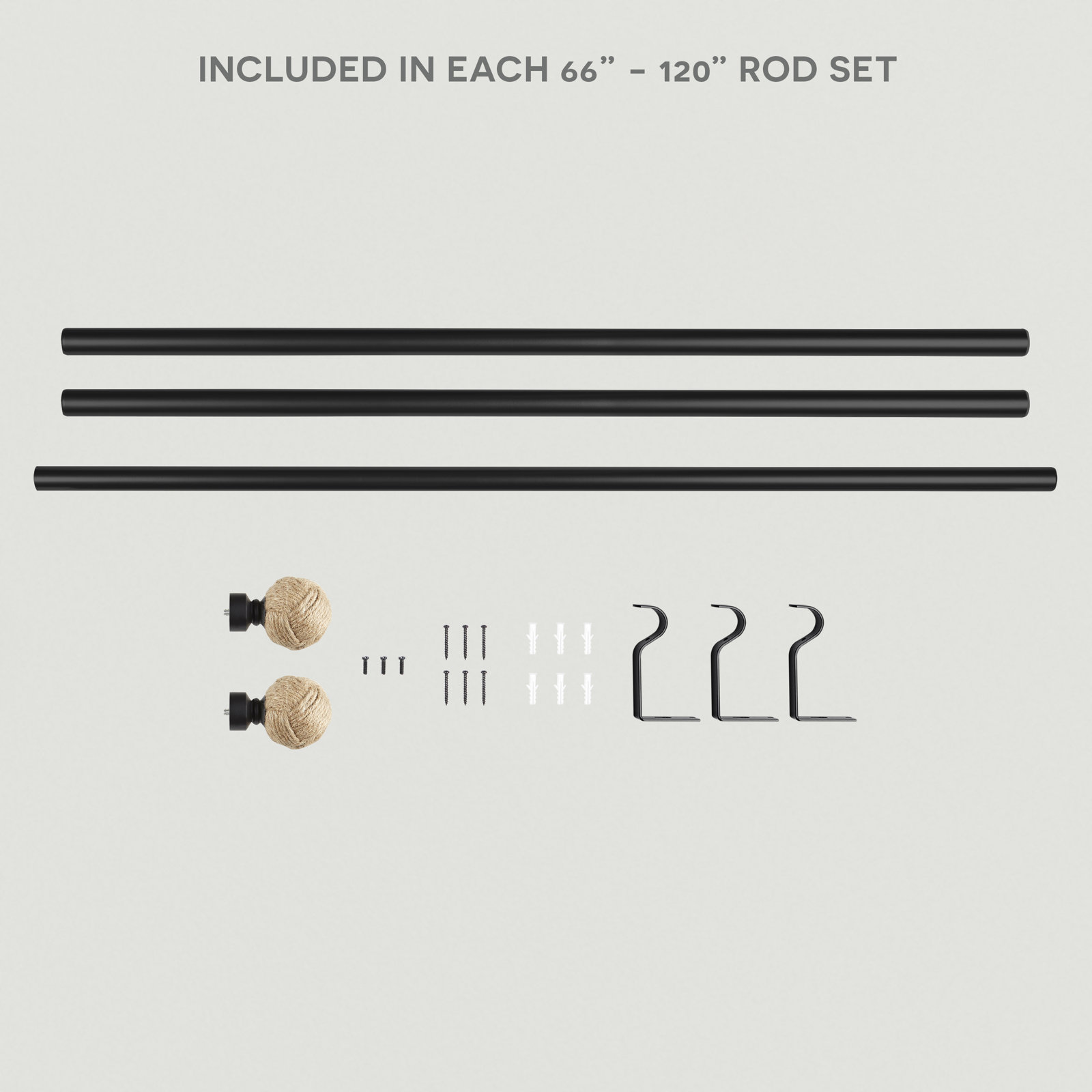 Tricia Rope Knot Curtain Rod Set, 66" - 120", Matte Black