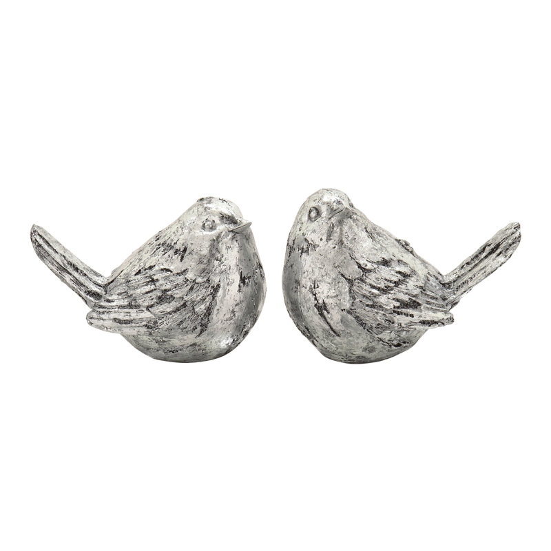 Polystone Bird Decorative Sculpture Set, Silver
