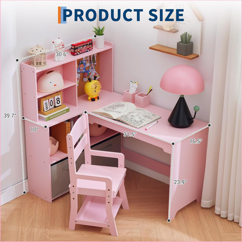 Ensemble de bureau et de chaise pour enfants, bureau d'angle pour enfants, table d'étude pour enfants avec bibliothèque, tiroir en tissu et babillard pour garçons et filles