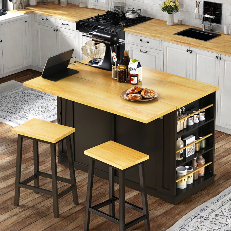 Large Rolling Kitchen Island With Drop Leaf, Power Outlet, Internal Storage Racks, 5 Open Side Racks, 2 Drawers, An Adjustable Shelf