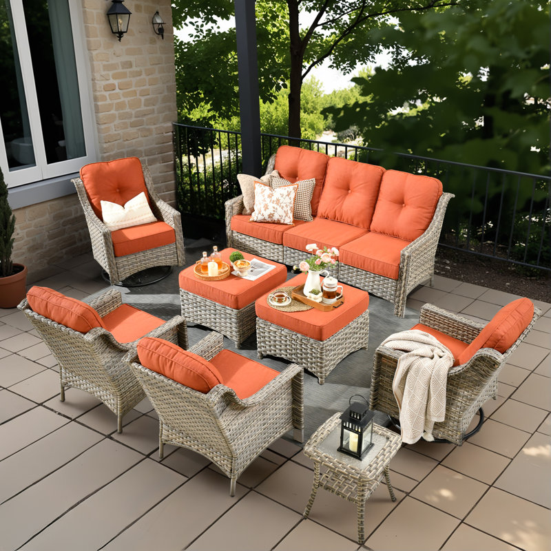 Tommy Outdoor Wicker 9 Person Seating Group With Cushions With Swivel Rocking Chairs And Side Table, Red