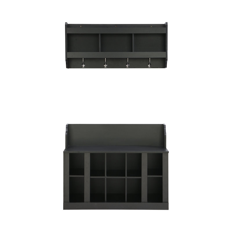 Shoe Storage Bench With Shelves And 4 Hooks, Elegant Hall Tree With Wall Mounted Coat Rack, Entryway Organizer For Hallway, Foyer, Mudroom