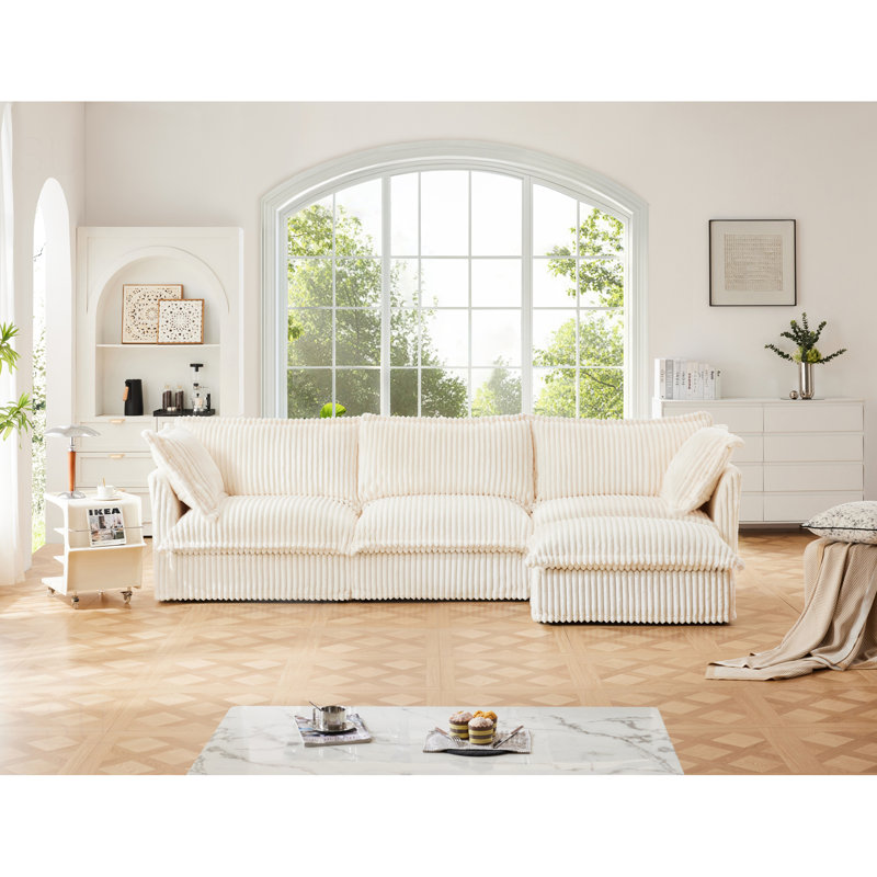 L-Shaped Slipcovered Sectional Sofa With Convertible Ottoman & Pillows, Comfy Deep Seating For Modern Living Rooms, Corduroy Fabric
