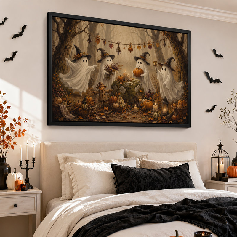 Toile fantôme avec chapeaux de sorcière et citrouilles en automne, H 16 po x l 24 po