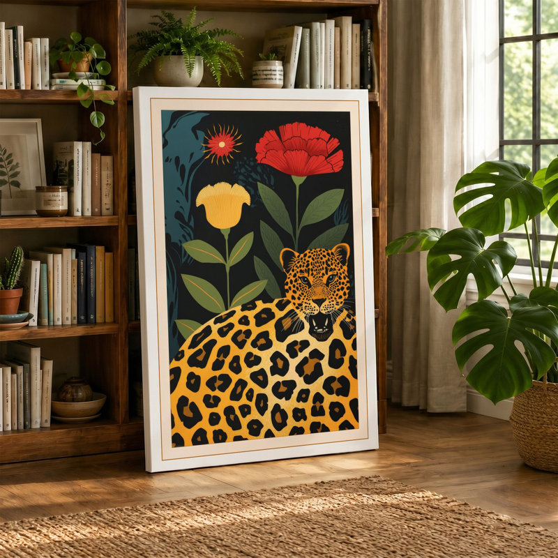 Leopard and Blooms Art Deco - Wrapped Canvas, 30x20 - 76.2 x 50.8 cm, Sage Border