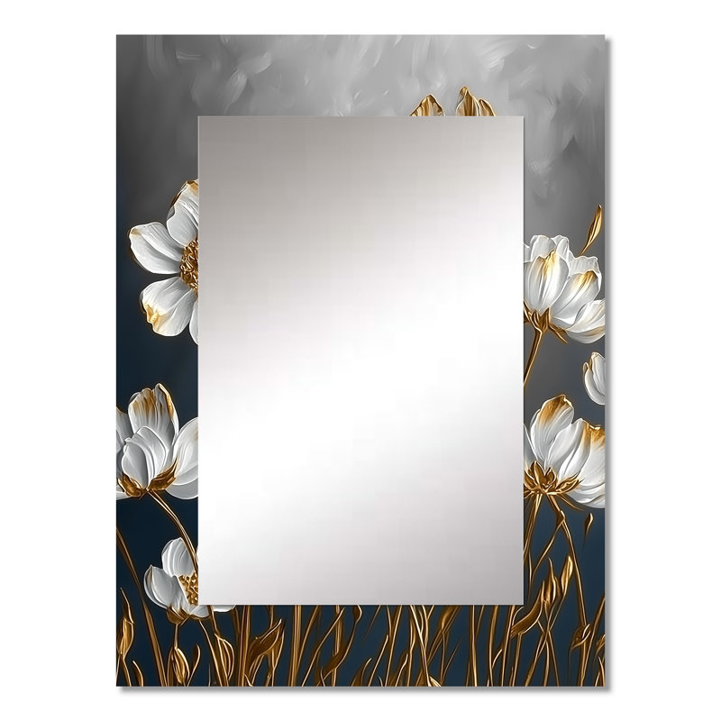 Cornflowers in White and Gold Tones III - Miroir cornflowers, miroir mural décoratif traditionnel, impression d'art en métal