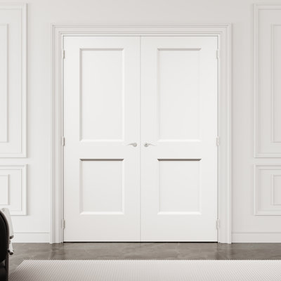 56" x 80" 2-Panel Hollow Core Interior French Door with Silver Hardware & Latch & Door Lever, White Finished & Paintable, Durable & Waterproof, Suit for Laundry, Closet Doors, Room Doors, Assembly Required